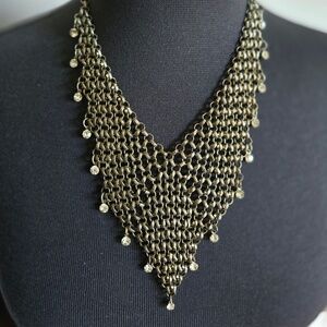 ✨ Vintage Gunmetal Chainmail Mesh Bib Necklace with Rhinestones Del Mar Style  ✨